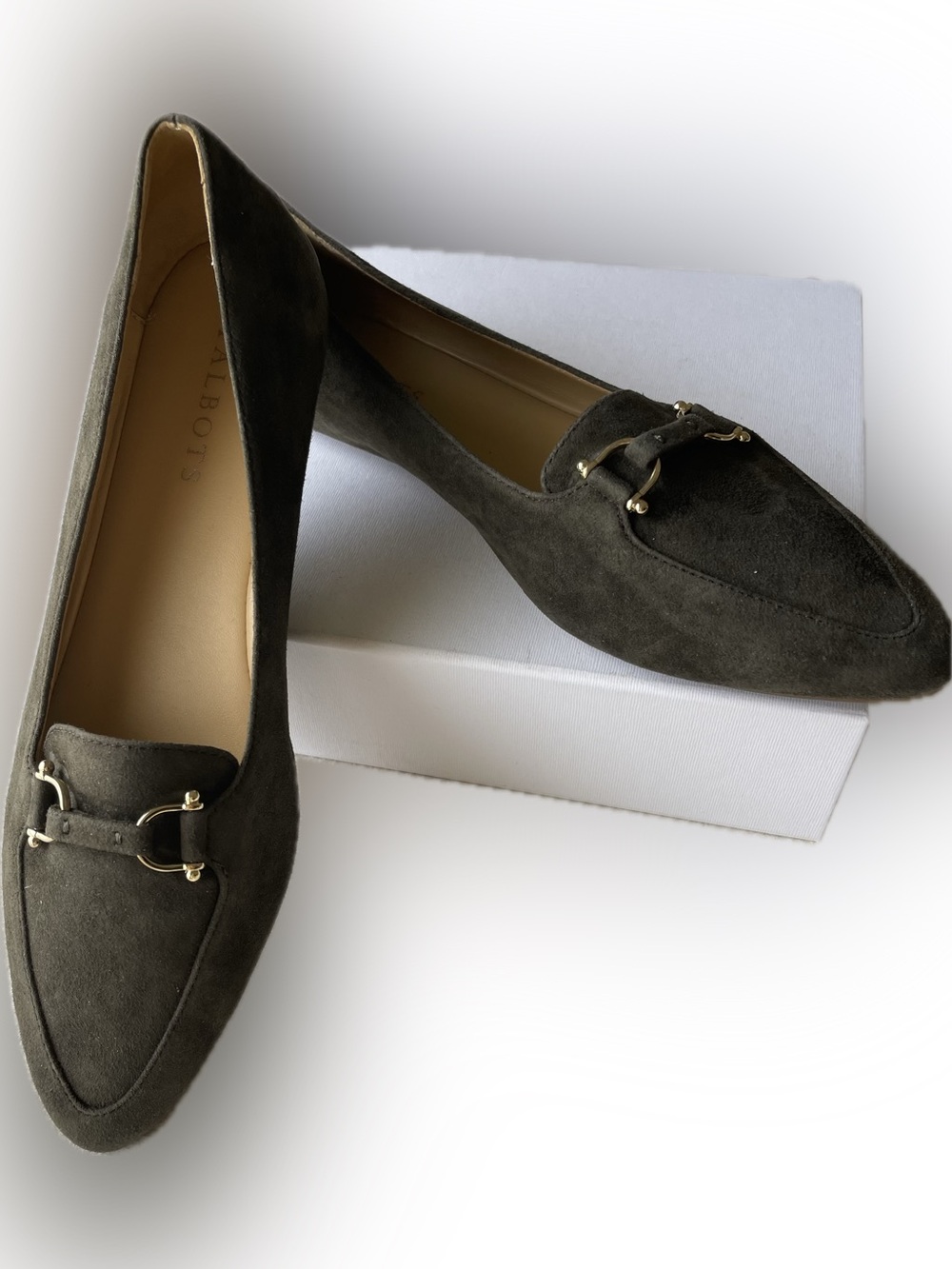 Talbots Pointed Suede Loafers in Olive with Gold Hardware